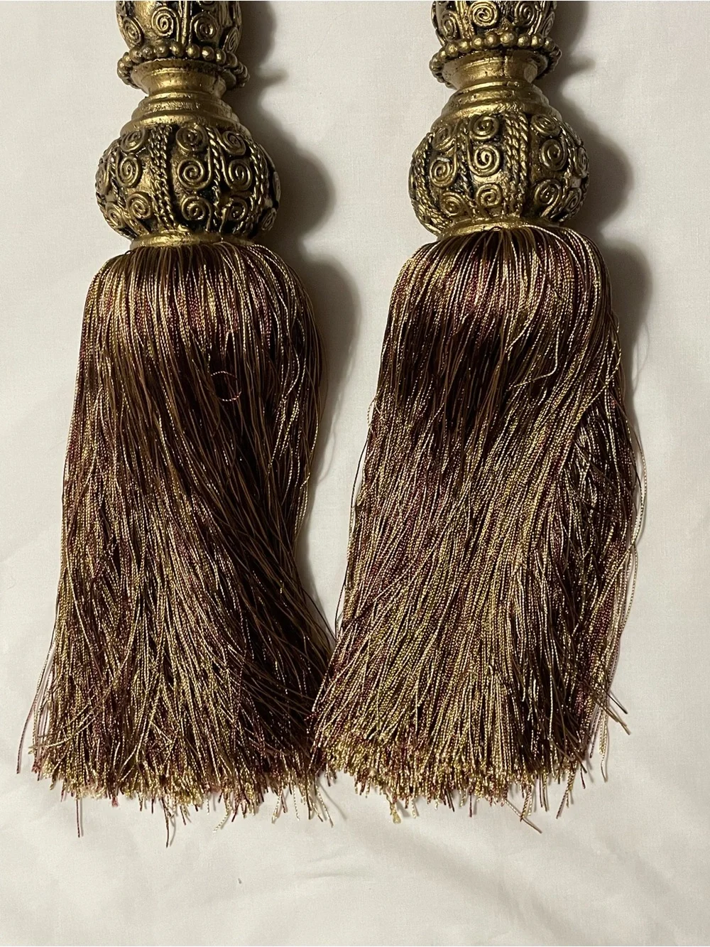 Vintage Large Tassel Curtain Tiebacks - Twisted Brown & Gold Braided Rope Pair